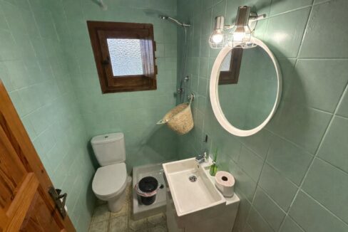 Baño con detalles en verde y madera