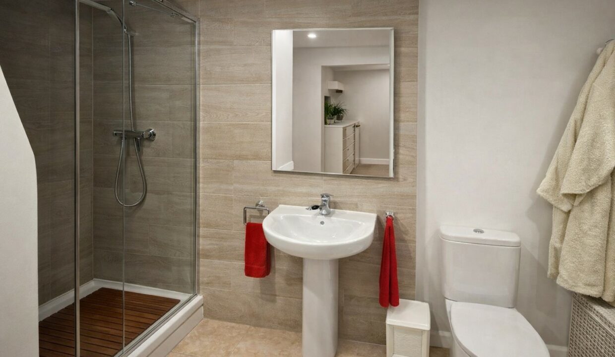 Baño moderno con detalles en madera