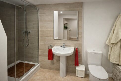 Baño moderno con detalles en madera