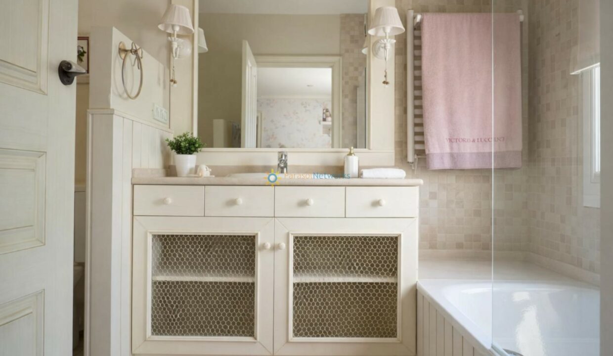 Baño organizado con detalles cream y rosa