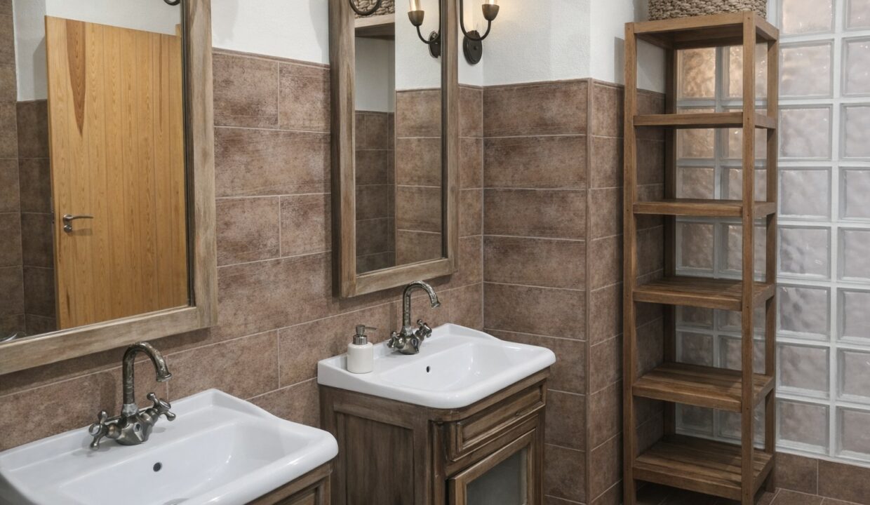 Baño rústico con doble lavabo