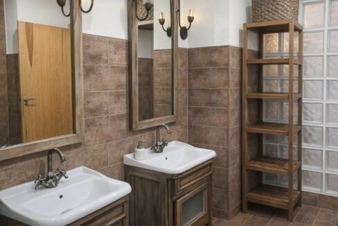Baño rústico con doble lavabo