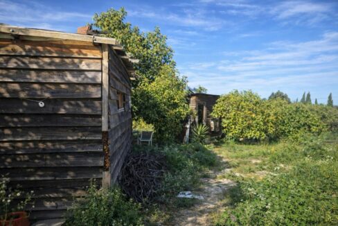 Cabañas rústicas en paisaje rural