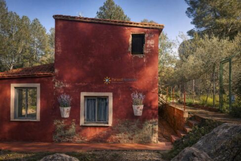 Casa roja entre árboles y sol