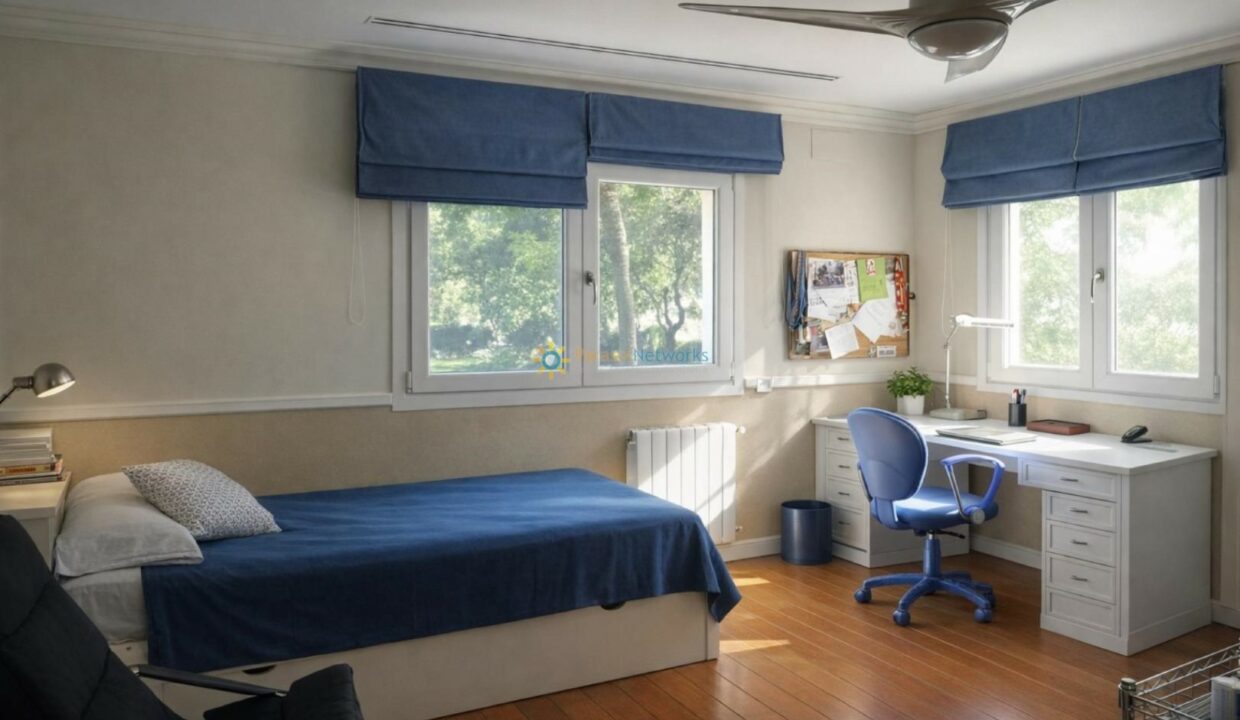 Dormitorio moderno con detalles azules