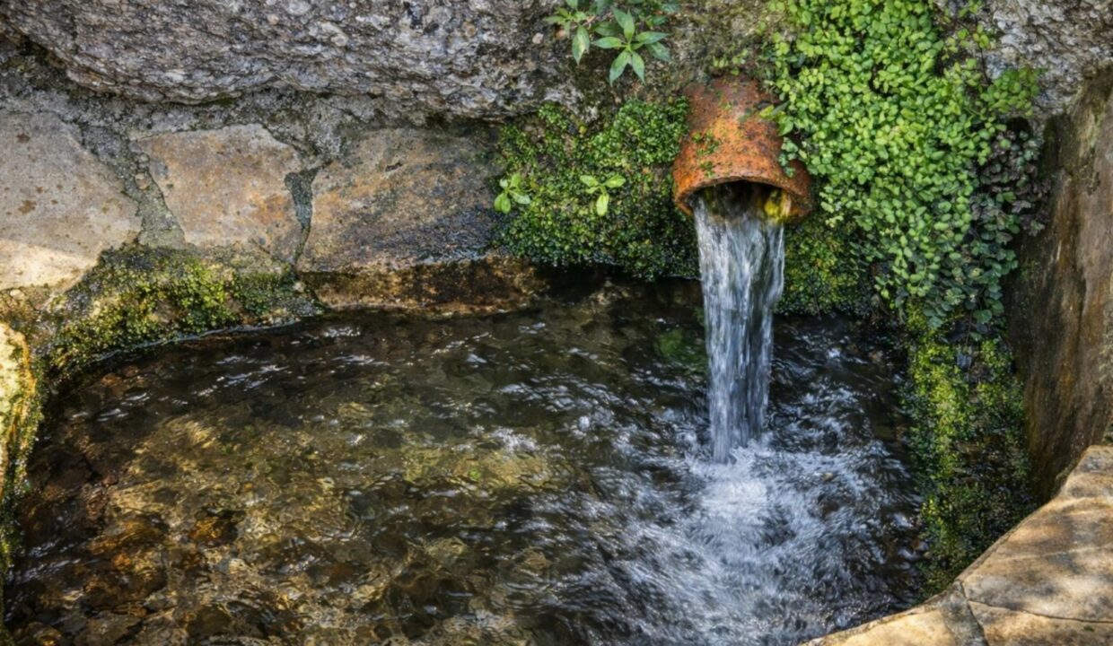 Fuente de agua antigua en paisaje rocoso
