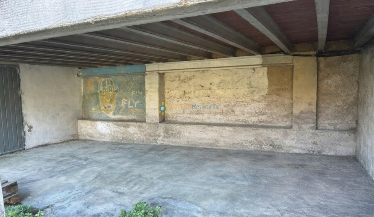 Garaje vacío con mural de perro