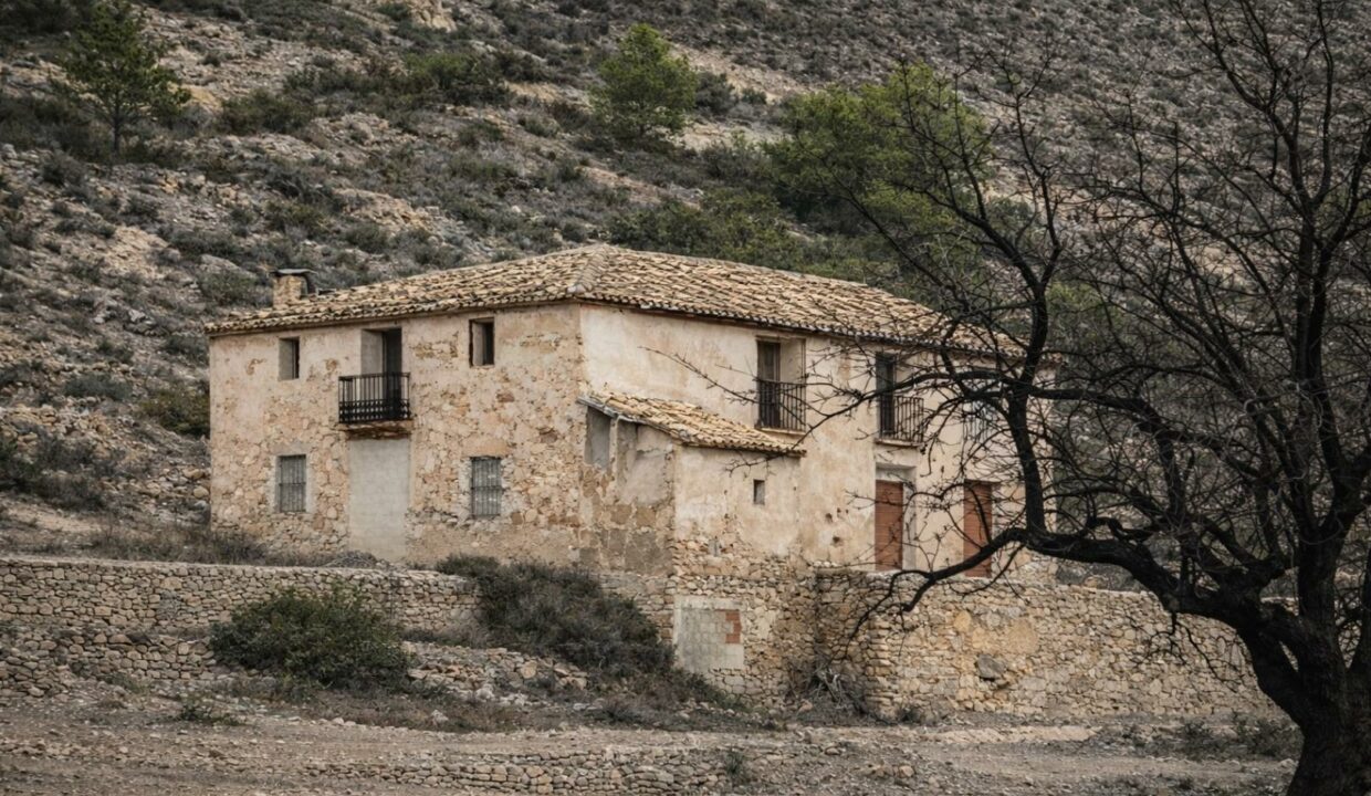 Granja abandonada en paisaje montañoso