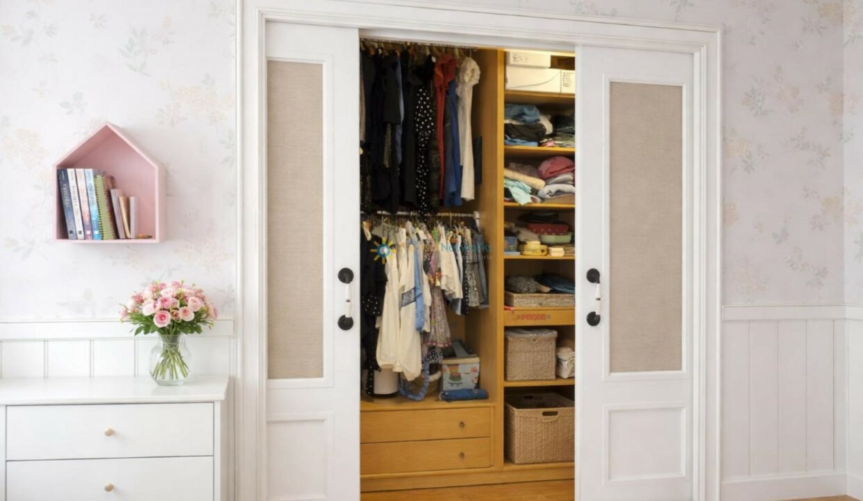 Habitación femenina con vestidor organizado