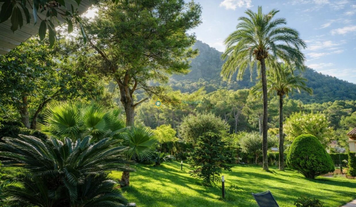 Jardín mediterráneo entre colinas verdes