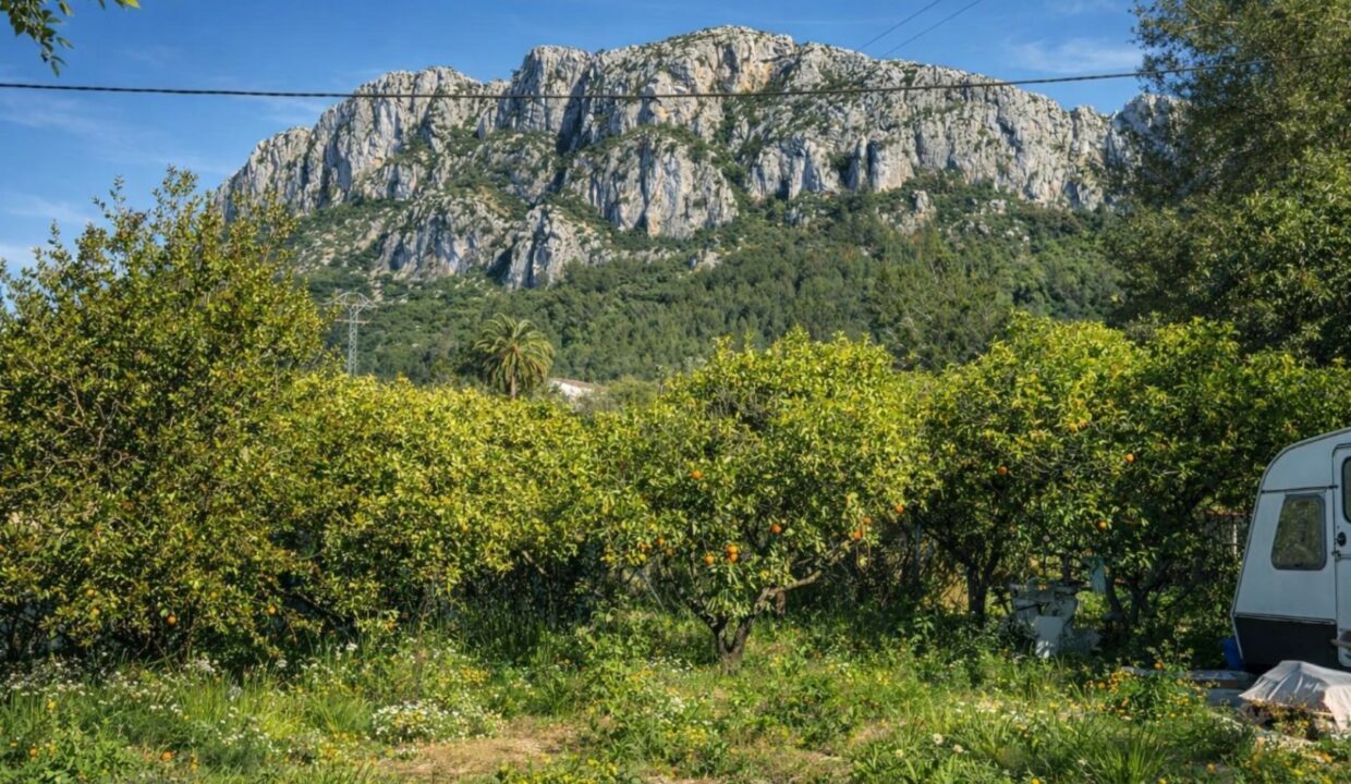 Jardín rural bajo las montañas
