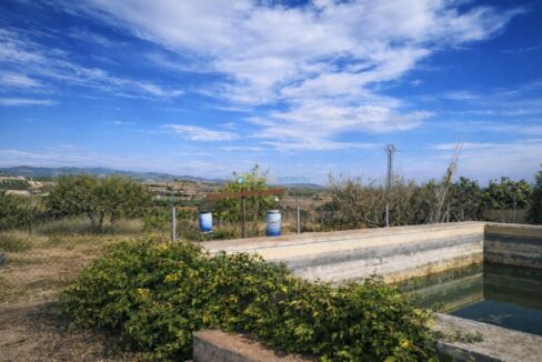 Paisaje rural con jarrones y agua