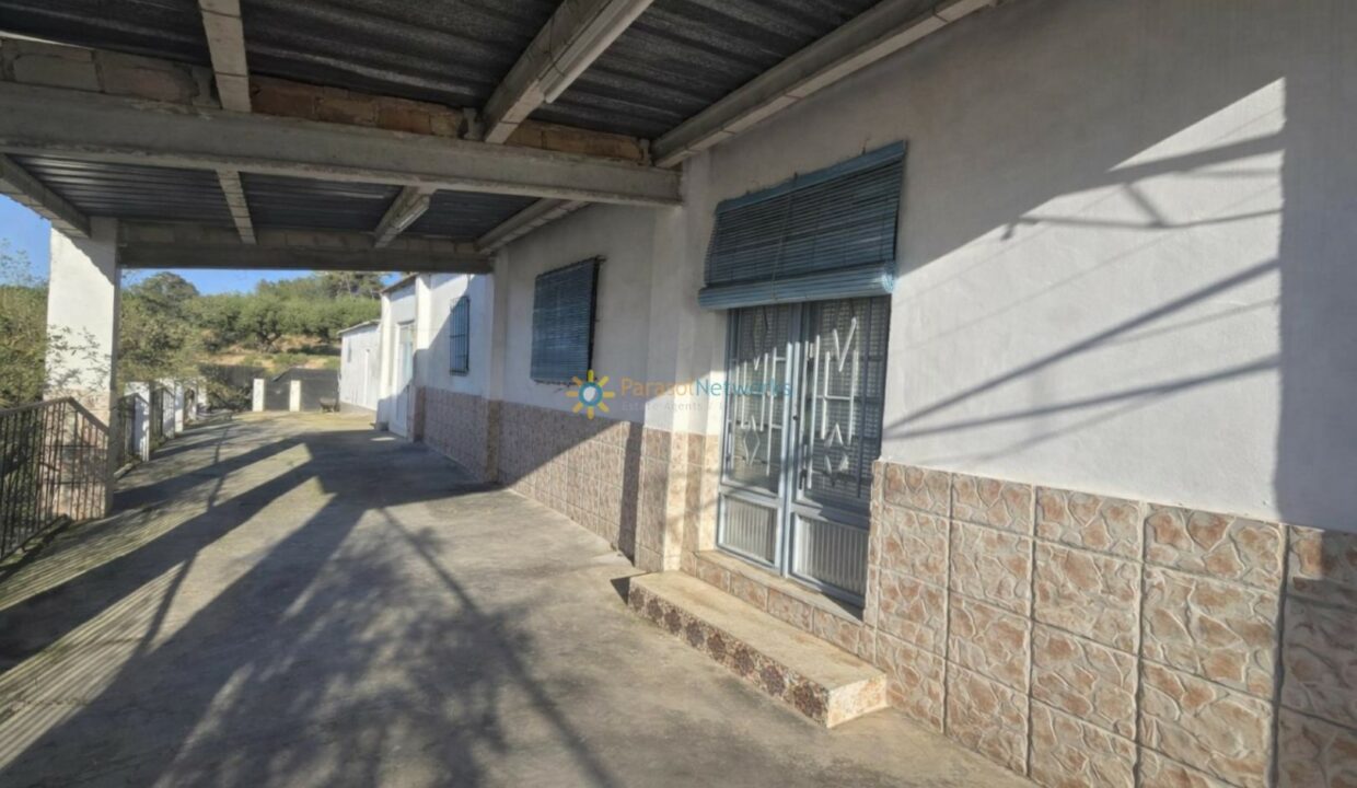 Pasillo cubierto junto a edificios blancos