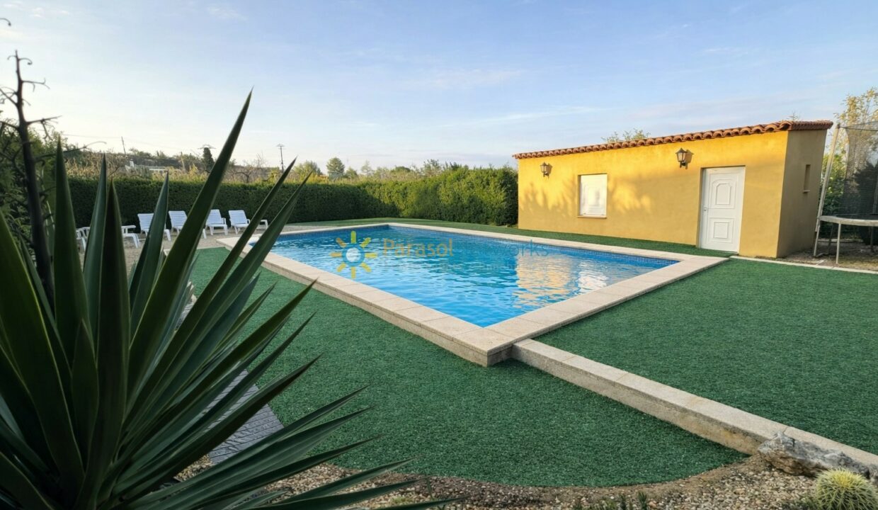 Piscina al atardecer con jardinería
