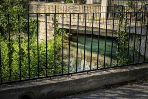 Puente de piedra y hojas verdes