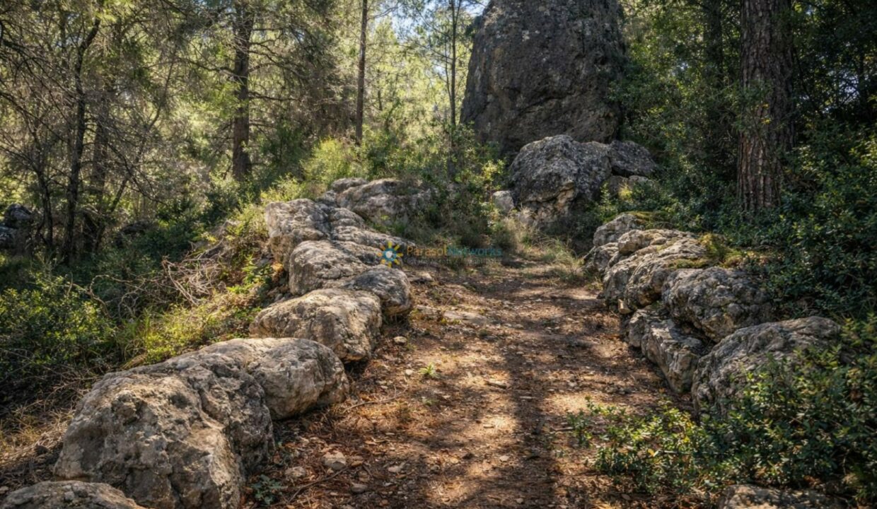 Sendero rocoso en el bosque iluminado